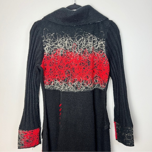 Vintage Concept Black Wool Blend Button Up Sweater Coat with Red Accents Women M - Picture 9 of 11